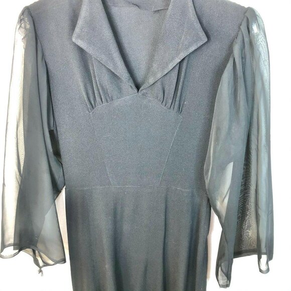Vintage Black Dress With Sheer Long Sleeves & Collared Neckline Elegant Design - Picture 4 of 11